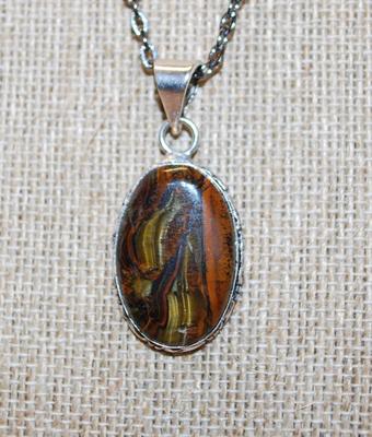 Oblong Tiger Eye PENDANT (1½" x ¾") on a Dark Necklace Chain 18" L