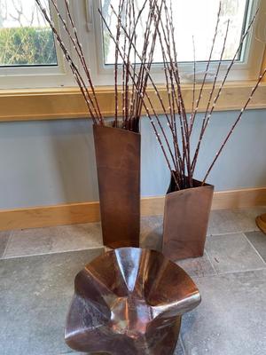 Copper vases w/willow & copper bowl