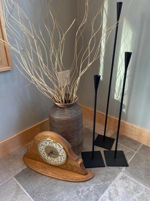 Pier One candleholders & vase, clock