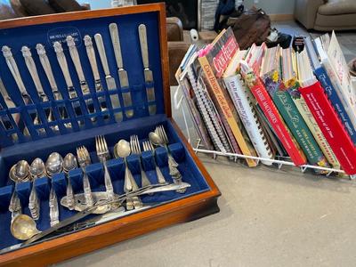 Holmes & Edwards inlaid silver & mixed silverware plus cookbooks