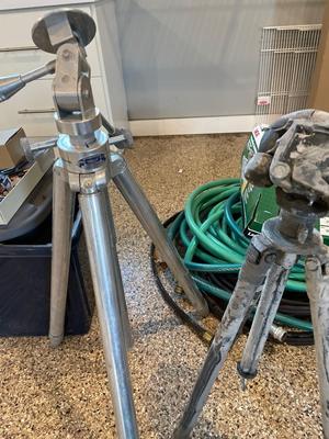 Hoses, sprinkler, tripods, pot, tree stand, tomato cage