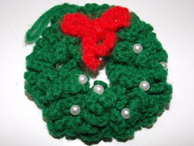 Double crocheted Christmas wreath tree ornament.