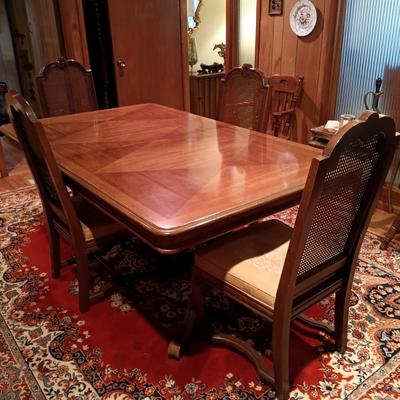 LOT 1: Solid Wood Dining Table with Henredon Cane Back Chairs