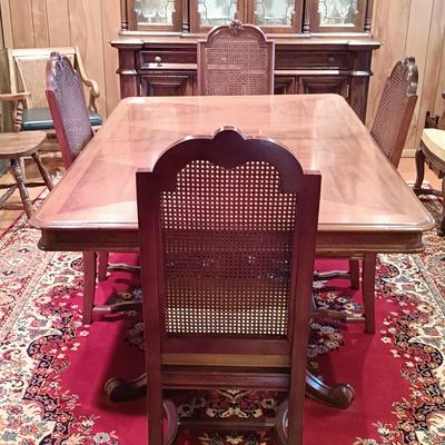 LOT 1: Solid Wood Dining Table with Henredon Cane Back Chairs