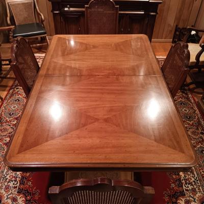 LOT 1: Solid Wood Dining Table with Henredon Cane Back Chairs