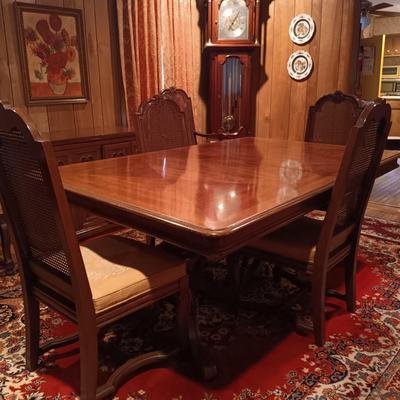 LOT 1: Solid Wood Dining Table with Henredon Cane Back Chairs