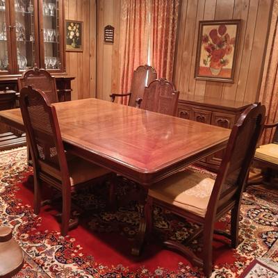 LOT 1: Solid Wood Dining Table with Henredon Cane Back Chairs