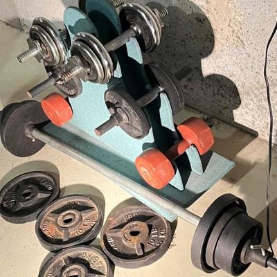 LOT 88B: Weightlifting Equipment - Barbell, Dumbbell with Over 100 Pounds of Weights and Wheeled Rack