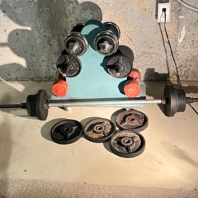 LOT 88B: Weightlifting Equipment - Barbell, Dumbbell with Over 100 Pounds of Weights and Wheeled Rack