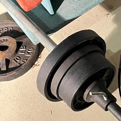 LOT 88B: Weightlifting Equipment - Barbell, Dumbbell with Over 100 Pounds of Weights and Wheeled Rack