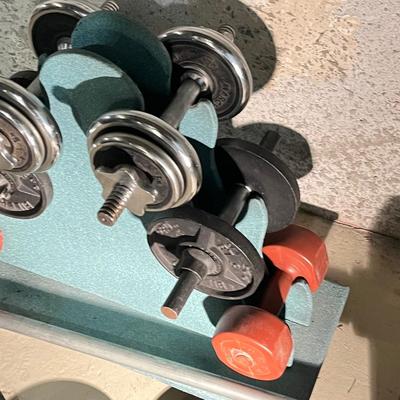 LOT 88B: Weightlifting Equipment - Barbell, Dumbbell with Over 100 Pounds of Weights and Wheeled Rack