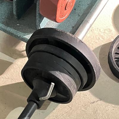 LOT 88B: Weightlifting Equipment - Barbell, Dumbbell with Over 100 Pounds of Weights and Wheeled Rack