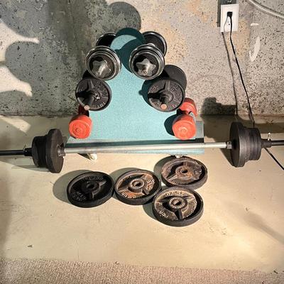 LOT 88B: Weightlifting Equipment - Barbell, Dumbbell with Over 100 Pounds of Weights and Wheeled Rack