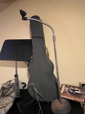 LOT 105B: Big Music Lot - Guitar Case, Sheet Music Stand and Books, Instrument and Mic Stands and More