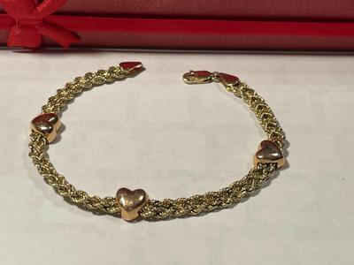 VINTAGE 14k PREOWNED HARDLY WORN 7.25" HEART DOUBLE ROPE BRACELET 4.4 (DWT) PENNYWEIGHTS TW IN VG CONDITION AS PICTURED.