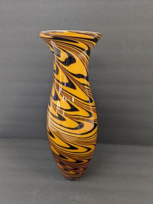 Hand Blown Cased Glass Vase Orange & Black Approx 14 1/2" Tall #11