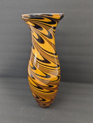 Hand Blown Cased Glass Vase Orange & Black Approx 14 1/2" Tall #11