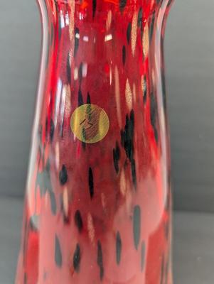 Vintage Red Blown Glass Vase Approx 14 3/4" Animal Print Ruffled Top Glass Murano Style #17