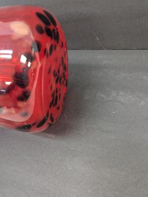 Vintage Red Blown Glass Vase Approx 14 3/4" Animal Print Ruffled Top Glass Murano Style #17