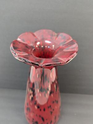 Sale Photo Thumbnail #911: Vintage Large Red Blown Glass Vase Approx 14 3/4" Animal Print Ruffled Top Glass Murano Style #17