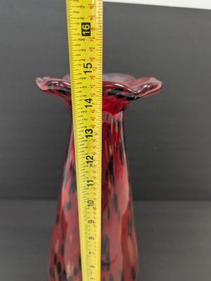 Vintage Red Blown Glass Vase Approx 14 3/4" Animal Print Ruffled Top Glass Murano Style #17