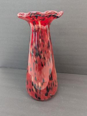 Vintage Red Blown Glass Vase Approx 14 3/4" Animal Print Ruffled Top Glass Murano Style #17