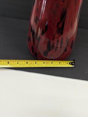 Vintage Red Blown Glass Vase Approx 14 3/4" Animal Print Ruffled Top Glass Murano Style #17