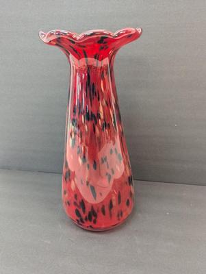 Vintage Red Blown Glass Vase Approx 14 3/4" Animal Print Ruffled Top Glass Murano Style #17