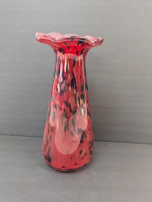 Vintage Red Blown Glass Vase Approx 14 3/4" Animal Print Ruffled Top Glass Murano Style #17
