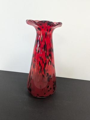 Vintage Red Blown Glass Vase Approx 14 3/4" Animal Print Ruffled Top Glass Murano Style #17