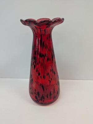 Vintage Red Blown Glass Vase Approx 14 3/4" Animal Print Ruffled Top Glass Murano Style #17