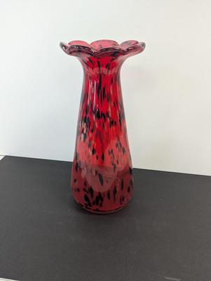 Vintage Red Blown Glass Vase Approx 14 3/4" Animal Print Ruffled Top Glass Murano Style #17