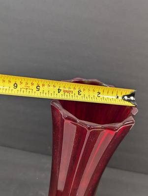 Vintage Ruby Red Glass Vase Paneled Approx 12 1/2" Tall #18
