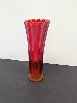 Vintage Ruby Red Glass Vase Paneled Approx 12 1/2" Tall #18