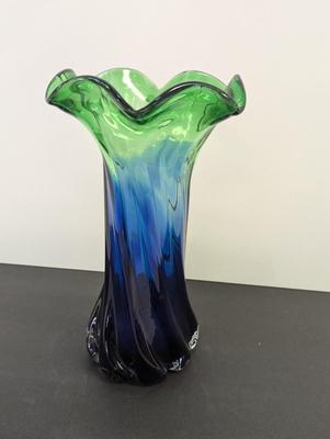Vintage Blue & Green Glass Vase Approx 12" Tall #19