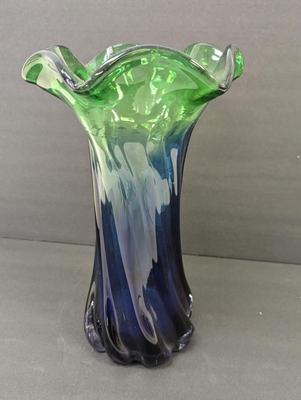 Vintage Blue & Green Glass Vase Approx 12" Tall #19