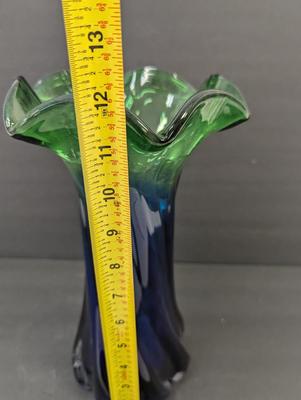 Vintage Blue & Green Glass Vase Approx 12" Tall #19