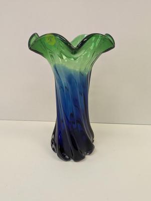 Vintage Blue & Green Glass Vase Approx 12" Tall #19
