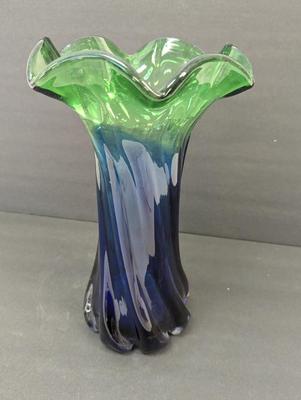 Vintage Blue & Green Glass Vase Approx 12" Tall #19