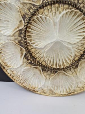 Vintage Majolica Shell Fish Oyster Serving Plate Brown & Beige Longchamp France Approx 13"