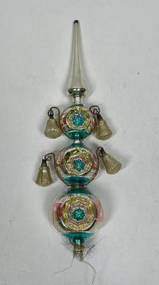 Victorian Mercury Glass Christmas Tree Topper with Bells hung from tinsel wire Germany pink turquoise silver 15"