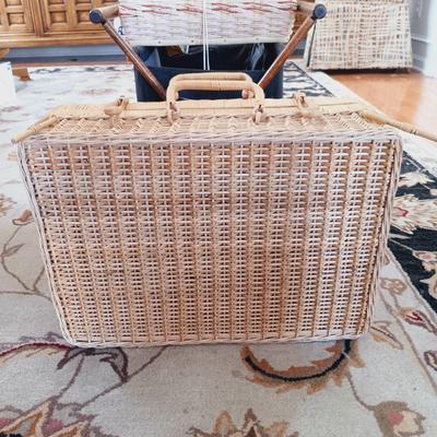 LOT 503: Vintage Azar Tapestry Sewing Box and Vintage Folding Knitting Basket with Accessories