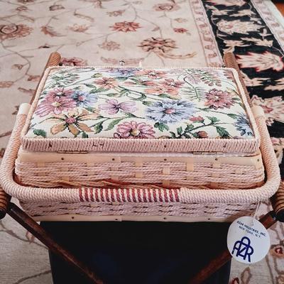 LOT 503: Vintage Azar Tapestry Sewing Box and Vintage Folding Knitting Basket with Accessories
