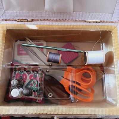 LOT 503: Vintage Azar Tapestry Sewing Box and Vintage Folding Knitting Basket with Accessories