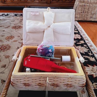 LOT 503: Vintage Azar Tapestry Sewing Box and Vintage Folding Knitting Basket with Accessories