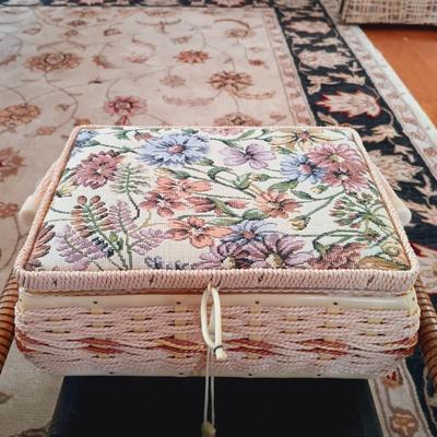 LOT 503: Vintage Azar Tapestry Sewing Box and Vintage Folding Knitting Basket with Accessories