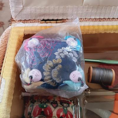 LOT 503: Vintage Azar Tapestry Sewing Box and Vintage Folding Knitting Basket with Accessories