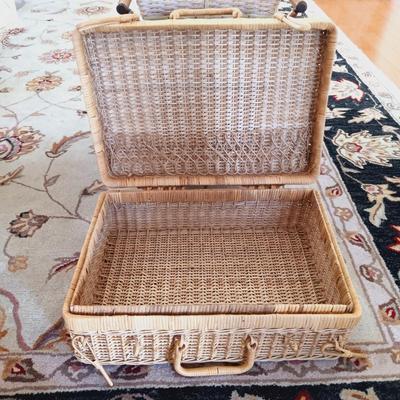 LOT 503: Vintage Azar Tapestry Sewing Box and Vintage Folding Knitting Basket with Accessories