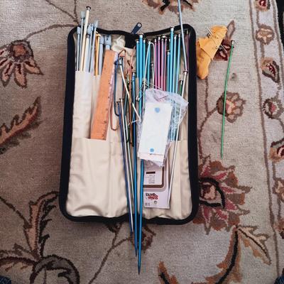 LOT 503: Vintage Azar Tapestry Sewing Box and Vintage Folding Knitting Basket with Accessories