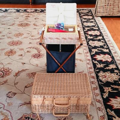 LOT 503: Vintage Azar Tapestry Sewing Box and Vintage Folding Knitting Basket with Accessories